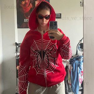 Winter Gothic Zip-up Red Hoodies Coats Women Spider Web Print Casual Long Sleeve Jackets Y2k Harajuku Punk Streetwear Sweatshirt T230811