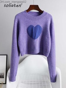 Kvinnors tröjor 2019 Spring Candy Girl Sweater Purple Sticked Cute Crop Top Heart Patch Work Korean Söt Loose Short Puller B-040 Z230814