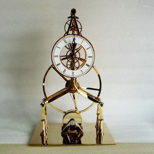テーブルクロック高級銅機械式運動時計レトロメタルホイールコレクションビンテージデスク24kゴールドメッキギフト