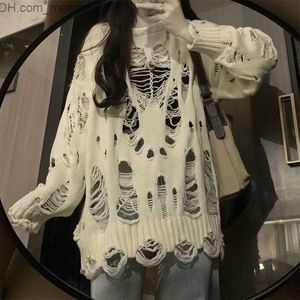 Women's Sweaters Lucy ver Vintage Hole Hollow Knitted Sweater Harajuku Women's Loose Long Sleeve Jumper Women's High Street Y2K Cigarette Drawstring Z230811