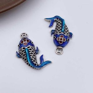 Hänge halsband lh etnisk stil rostad blå brokad karp vintage ihålig mynt liten fiskarmband halsband