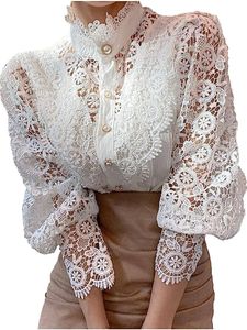 White Lace Blouse Women Spring Summer Sexy Long Sleeve Pearl Button Flower Hollow Out Blouse See Through Mesh Shirt Tops