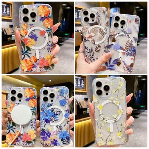 Flower Magnetic Wireless Charging Cases For Iphone 15 14 Plus 13 Pro MAX 12 Samsung Galaxy S23 Ultra S22 Fashion Soft IMD TPU Magnet Clear Tranparent Phone Cover
