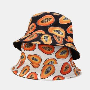 Unisex Wide Brim Tropical Fruit Papaya Pattern Bucket Hats Men Double Side Basin Caps Male Hat Panama HKD230810 Adjustable Dad Sun Hat