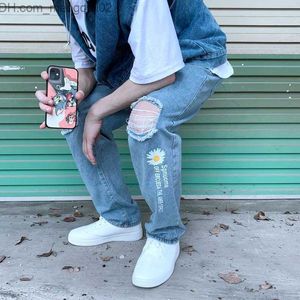 Men's Pants Printing Temperature Wash Waist Loose Straight Fashion Literature and Art Casual Men's Young Popular Jeans New Jeans Z230814