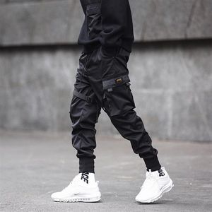 Qnpqyx yeni erkek moda pantolon kurdeleler renk blok siyah cep kargo pantolon harem joggers harajuku eşlik hip hop pantolon253c