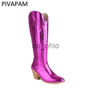 Boots Women's Embroidery Vintage Knee High Boots Metallic Pu Leather Heel High High Cheels High Knight Boots Ladies J230811