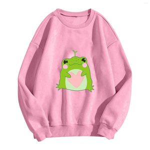 Kvinnors hoodies kvinnor avslappnad tröja söt groda tryck rund hals långärmad pullover hoodie rusning butik