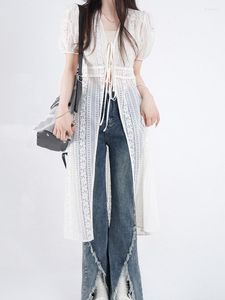 Kvinnors stickor stickad lång längd Cardigan Summer Lace Loose V Neck Crop Tops Puff Sleeve Women Elegant Beige Lace-Up Korean Sheer Top