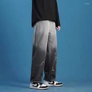 Herrbyxor mode streetwear casual löst rak bredben jeans svart blå homme koreansk version par slips färgbanor