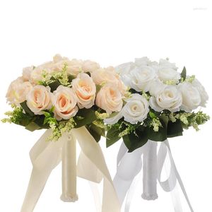 Dekorativa blommor Bukett Peony Artificial Bridal With Ribbons Rose Flower For Bride Bridesmaids Wedding Party Church