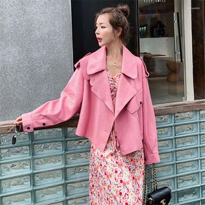 Women's Leather Korean Elegant Pink PU Jacket Women Fashion Loose Casual Short Faux Coat Outerwear Spring Autumn