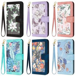 Fashion Hawaiian Flower Pu Leather Plånbok Fall för iPhone 15 Plus 14 13 Pro Max 12 X Xs XR 8 7 Stylish Butterfly Floral Credit ID Card slot Flip Cover Girls Pouch Strap