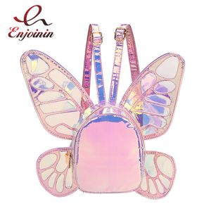 Bolsas escolares de moda feminina laser mini mochila butterfly angel asas do dia para meninas viagens casuais bolsas escolares couro holográfico 230811