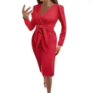 Casual Dresses Women's Mini Bodycon Dress Front Knot Folded Sexy Deep V Neck Solid Long Sleeve Lace Up Slim Party Club Plus Size