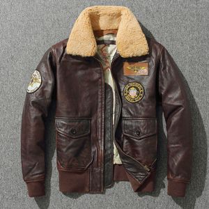 Herrenjacken G1 Herren Dicke Pilot Leder Jacke Vintage brauner loser Mantel Wollkragen klassische Militärbomberjacke 100% natürliches Kuhpferd 230811