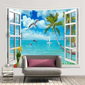 Tapestries Landscape Ocean Windows Tapestry Wall Hanging Decor Room Tapestry Tie Blanket Home Bedroom Decoration