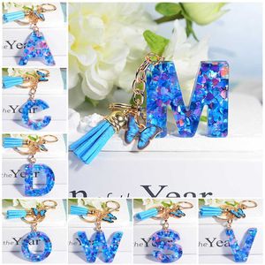 Keychains Lanyards harts Blue Love Letter Keychain Handgjorda kristalllim Drop Farterfly Tassel Tillbehör Keyring Women's Pendant Ornaments Gift