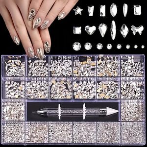 DIY Nail Rhinestone Kit - 21 rutnät med platt AB -strass för nagelkonst, skor, kläder, smycken och 3D -dekorationer - inkluderar borrpenna