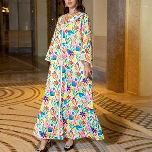 Casual Dresses Elegant Loose Luxury Home Evening Dress Fashion Long Sleeved Women Middle Eastern Floral Printe Robe Arab Female Clothing