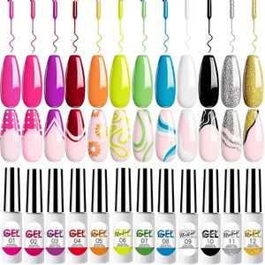 12 colori 5 ml Line Art Gel Build in una spazzola tagliente sottile per un chiodi a strisce dipinti a strisce Gel di ghiotti di ghiotti di indurimento, adatto per il design del nail art fai -da -te