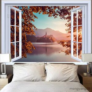 Tapisserier utanför fönstret Tapestry 3D Mountain Lake Sunset Wave Landscape Garden Affischer för utanför stor hemrumsdekor vägg hängande R230812