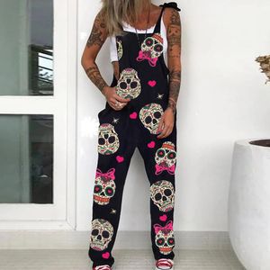 Kvinnors jumpsuits Rompers European Style Fashion Gothic Skull Print Jumpsuits Plus Size 5XL Women Spaghetti Strap Byxa Sexig Pocket Design Overalls 230811