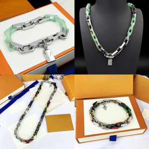 Punk Rainbow Chain Necklace for Men Stainless Steel Necklace Enamel Letter Carving Love Bracelet Silver Bangle Hip Hop Jewelry Festival Gift With Original Box