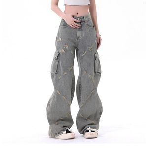 Men's Jeans Vintage Distressed Cargo Flared Wave Design Denim Overalls Men Hip Hop Washed Wide Personalized Casual Pants
