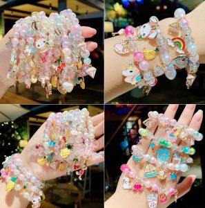 Beads Bracelets Kids Jewelry Girls Friendship Pendants Charm Glass Crystal Beaded Stretch Wristband Anklets Birthday Bag Fillers Pink LL