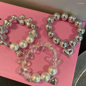 Strand Korean Fashion Metal Love Heart Beads Elastyczna bransoletka Vintage fajna estetyka włosy wiązania harajuku modne akcesoria dla kobiet