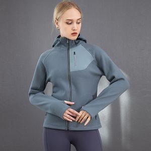 Full zip hoodie jacket sportswear yoga outfit hooded training track running jacket with pockets outdoor flea thumbholes