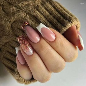 False Nails Shiny Long Ballet Nail Bursts Flash Gold Powder French Cool Y2K Girl Finished Fake Easy To Wear Glue Woman Champagne