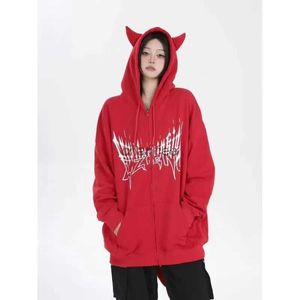 Y2K Fashion Design Devil Tail Women Sweetshirts Individuality Zip Up Hoodie High Street Stranger Things Horn Aesthetic Clothes HKD230725