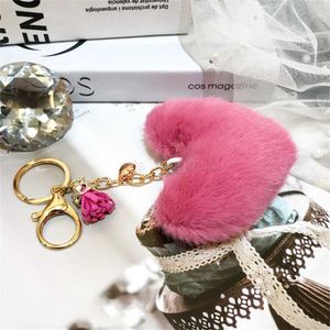سلاسل المفاتيح Lanyards 2022 New Lovely Heart Keychains Women's Pom Poms Faux Rex Rabbit Fur Ball Ball Cains Girl Bag Bag Bear Carn Ring Bendant