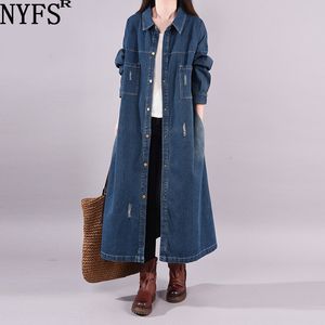 Women's Trench Coats NYFS 2023 Spring Autumn Big size Loose Single Breasted Denim Coat Women Vintage Solid Long Windbreaker 230811