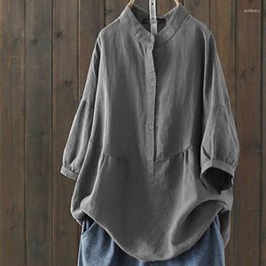 Women's Blouses Black White Grey Cotton Linen Blouse Stand Collar Buttons Ladies Tops Casual Solid Oversized Autumn Blusas