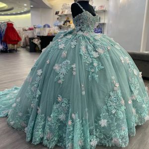 Mint Green Princess Ball Suknia Quinceanera Sukienki z łuk z koralikami cekiny Słodka 16 sukienka vestidos de 15 anos