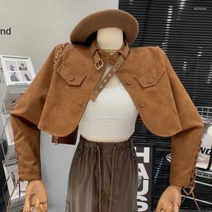 Kvinnors jackor designkänsla vintage läderjacka tjej mångsidig kort pu långärmad kappa topp