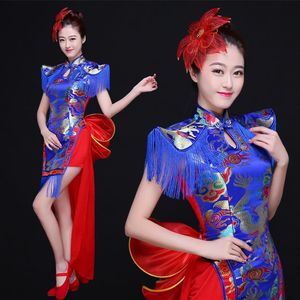 Chinesische Bühne tragen ethnische Anzug Trommel Kostüm Klassische Tanz Performance Kleidung weibliche moderne Tanz Cheongsam Fan Dance Wear270s