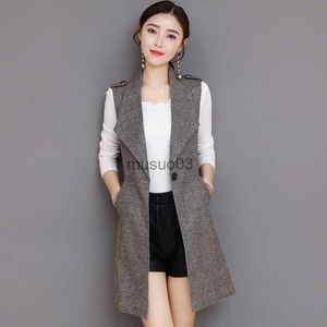 Women's Vests #0701 Spring Long Blazer Vest Women Office Slim Single Button Plaid Women Suit Vest Fashion Elegant Waistcoat Sleeveless Jacket HKD230812