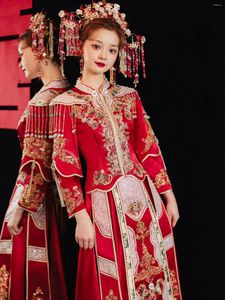 Ubranie etniczne czerwony chiński styl ślubny Cheongsam Phoenix haft haft małżeński sit orientalny panny młodej oblubieńca vintage qipao