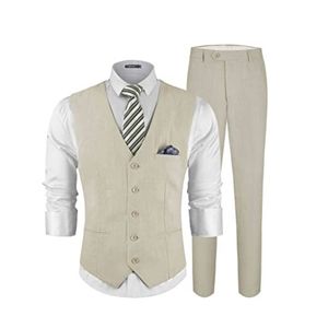 Mäns spårningsdräkter Beige Men's Linen Vest and Pants 2 Piece Suit Slim Business Casual Solid Fit Wedding Grooms Work Set With Pocket Square 230812