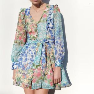 Casual Dresses Ruffles Short Dress Women Floral Print Elegant för 2024 Summer Long Sleeve Mini