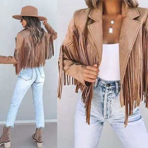 Kvinnans jacka Y2K fransad hem Tassel Cardigan Crop Tops Egirl Motor Biker Suede Leather 90s Vintage Streetwear Coat Cool 230811