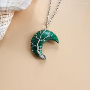 Pendant Necklaces FYJS Unique Silver Plated Wire Wrap Crescent Moon Malachite Stone Link Chain Necklace Blue Turquoises Jewelry