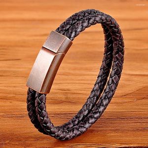 Charm Bracelets Fashion Trend Retro Buckle Rose-colored Leather Bracelet Men's Braided Combination Stainless Steel Accessories Jewelry