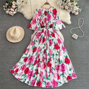 Basic Casual Dresses 2024 Summer Vintage Flower Printing Women Mid-Length Dress With Belt Elegant Vestidos Round Neck Half Sleeve Ladies Pleated Dresses