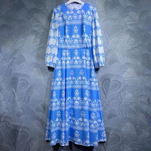 Erken Sonbahar Elbise Yeni Tasarımcı Cobe Style Uzun Kollu Konumlandırma Baskı Elbise Zarif ve Atmosferik Mavi Yuvarlak Boyun Uzun Elbise