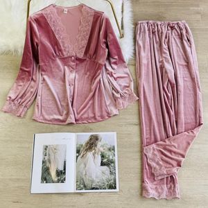 Women's Sleepwear Female Velour 2PCS Pajamas Set Sexy Lace Trim V-Neck Trouser Suits Nightwear Autumn Winter Lounge Wear Home